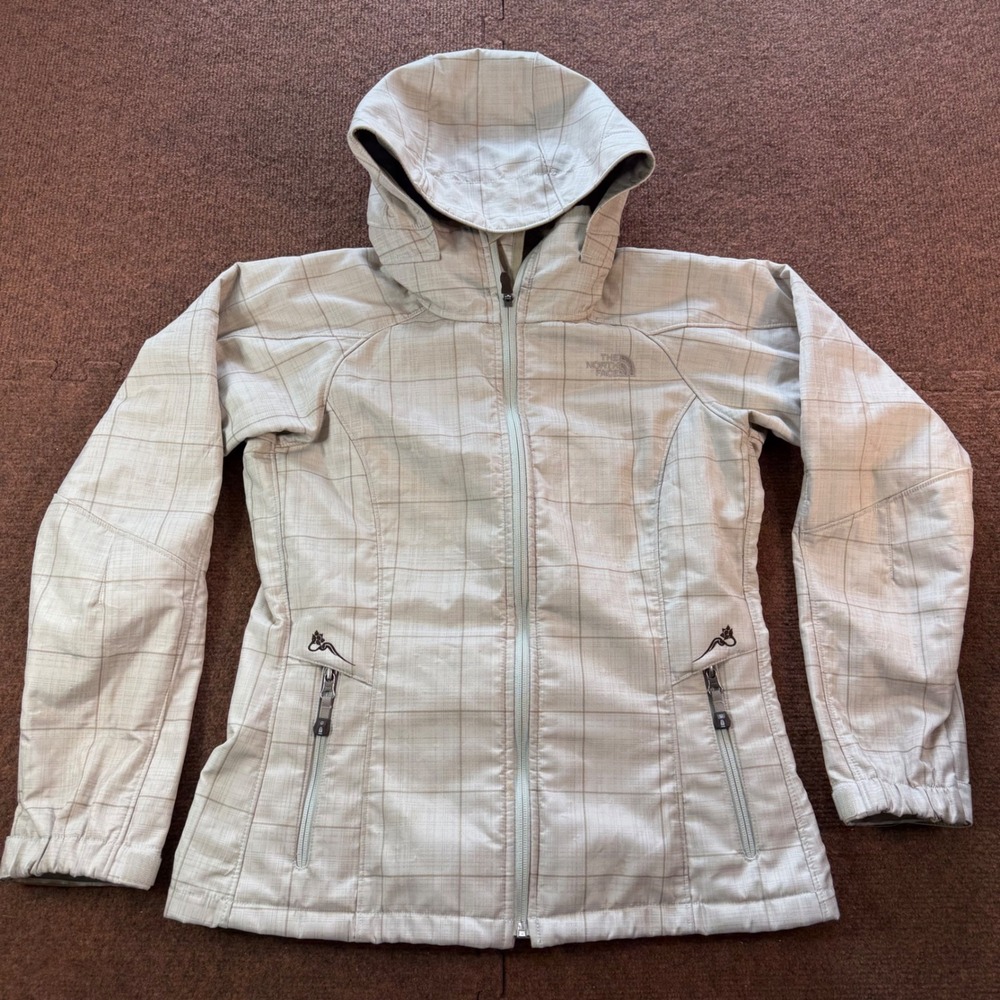 A+ The North Face Womens Grid Softshell Hooded Jacket Beige Fleece Lined Medium